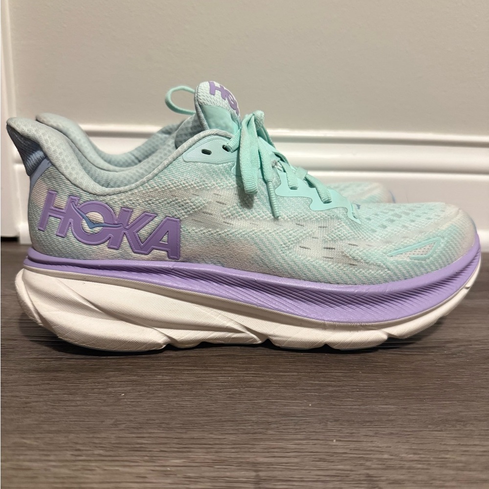 Hoka Pastel Mint and Lavender shoes